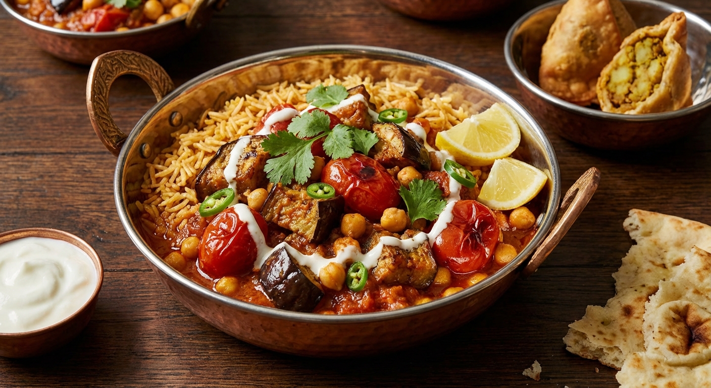 Autumn Pilau with Eggplant, Tomatoes, + Chickpeas
