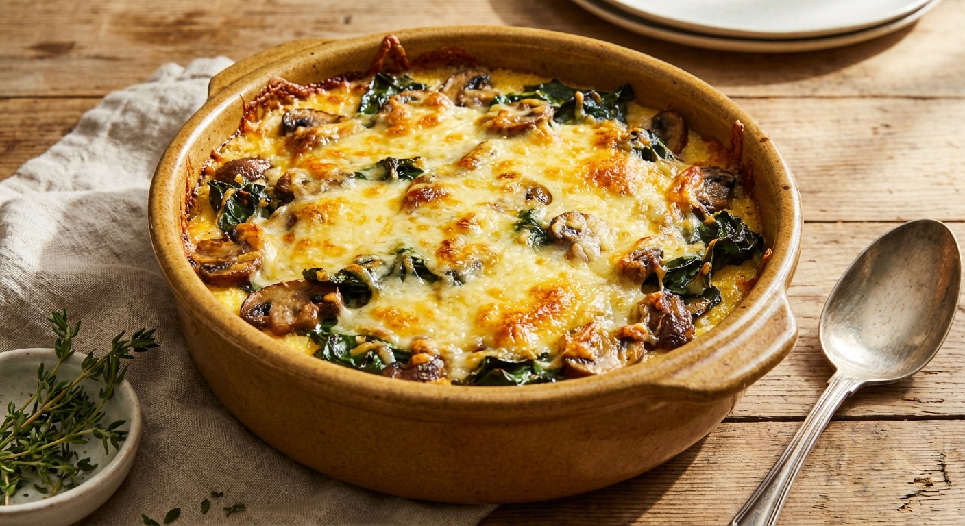 Baked Polenta Casserole with Mushrooms and Chard