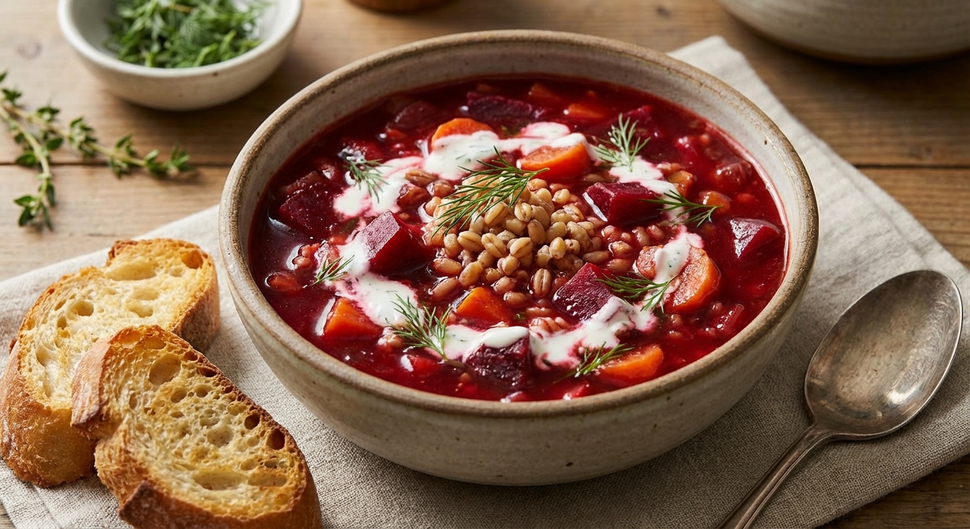 Beet and Wheat Berry Soup with Dill Cream