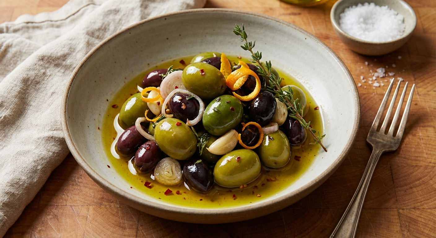 Boozy Marinated Black and Green Olives