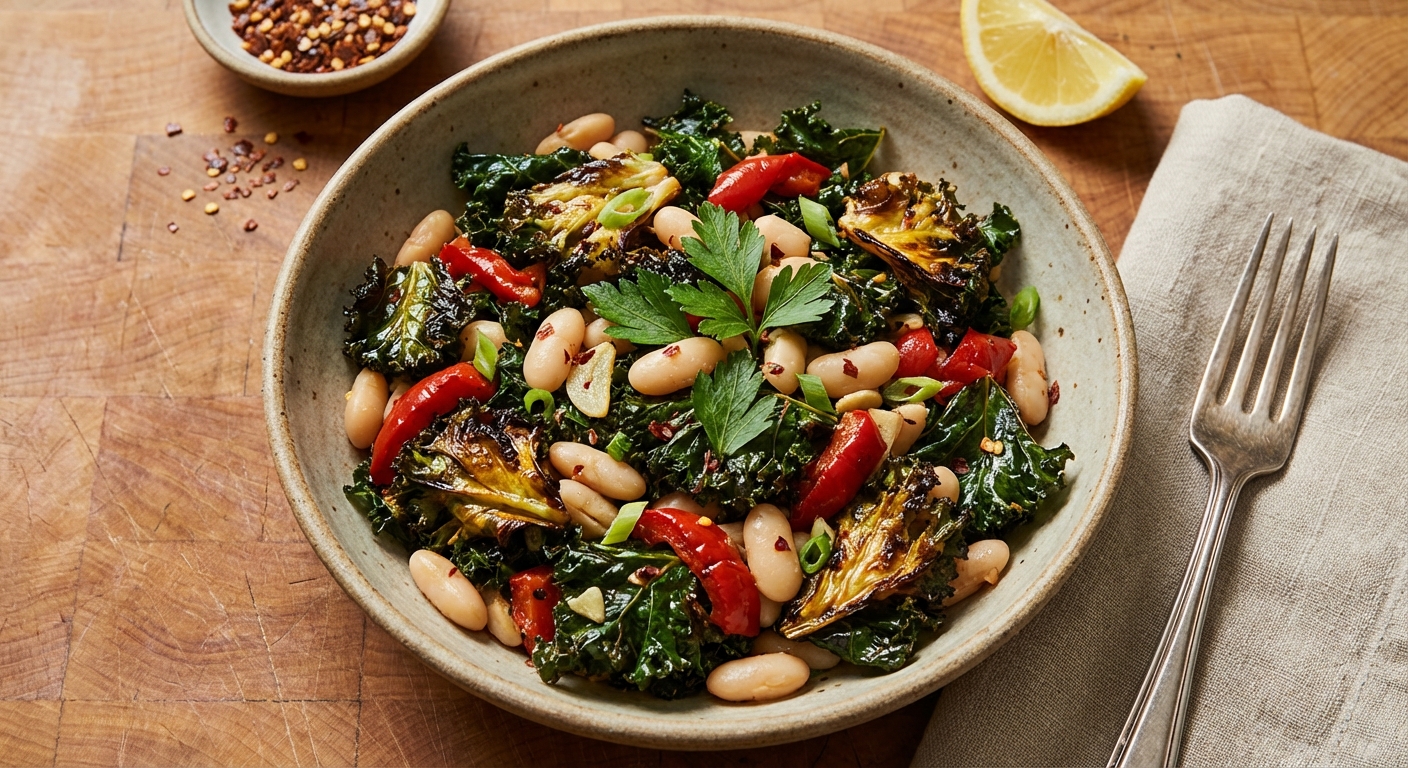 Braised Kale and White Beans with Red Peppers