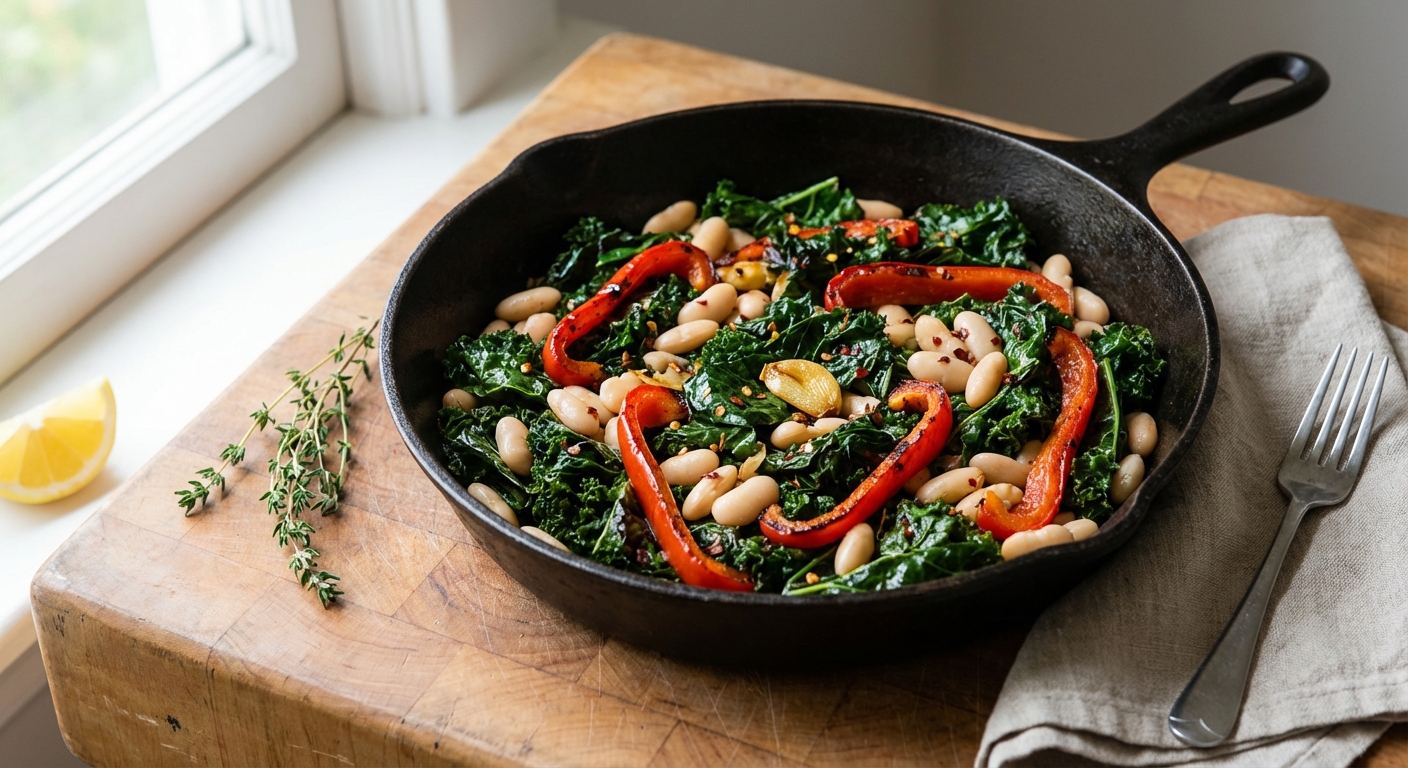 Braised Kale with White Beans and Red Peppers