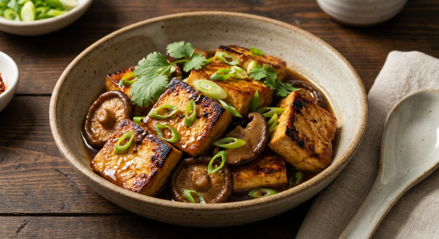 Braised Tofu and Mushrooms in Ginger-Scallion Sauce