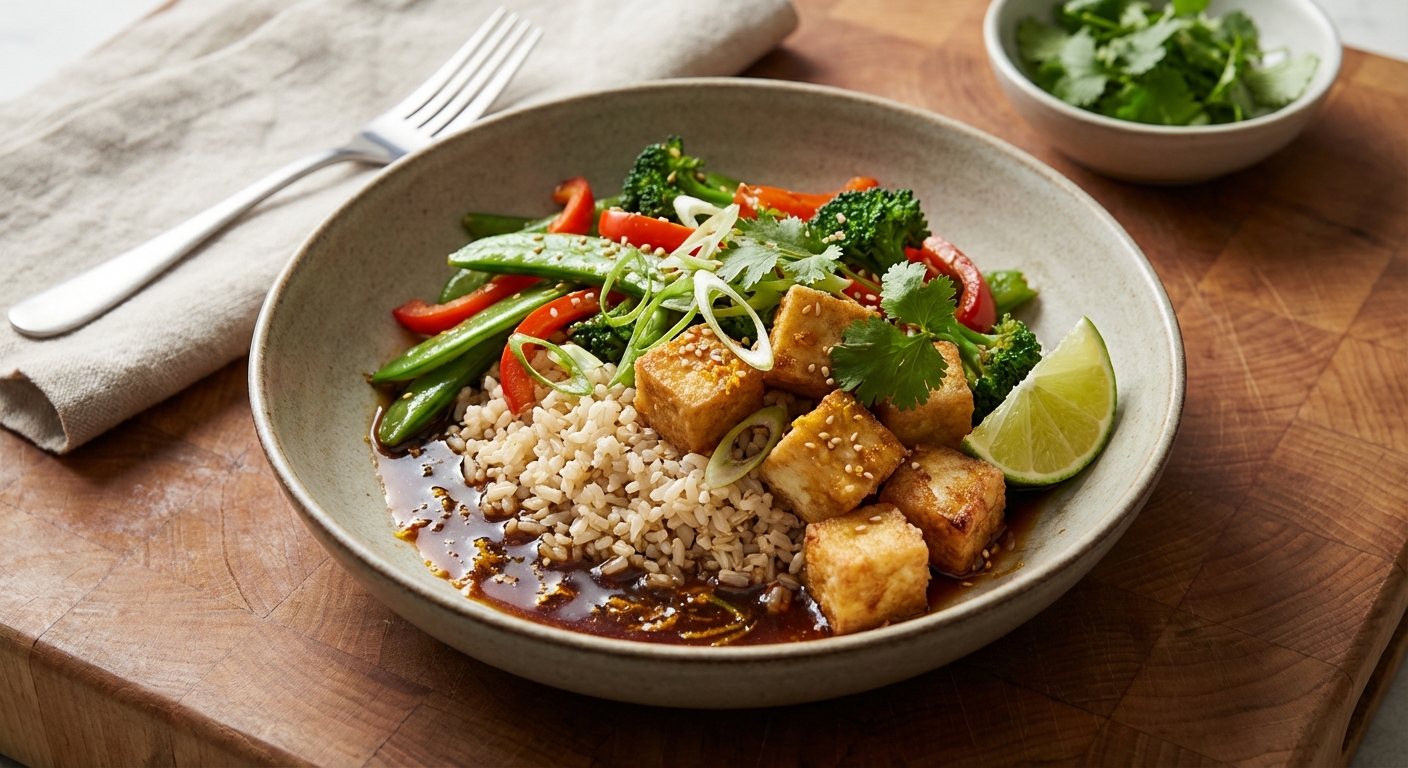 Brown Rice Bowls with Crispy Tofu and Vegetables
