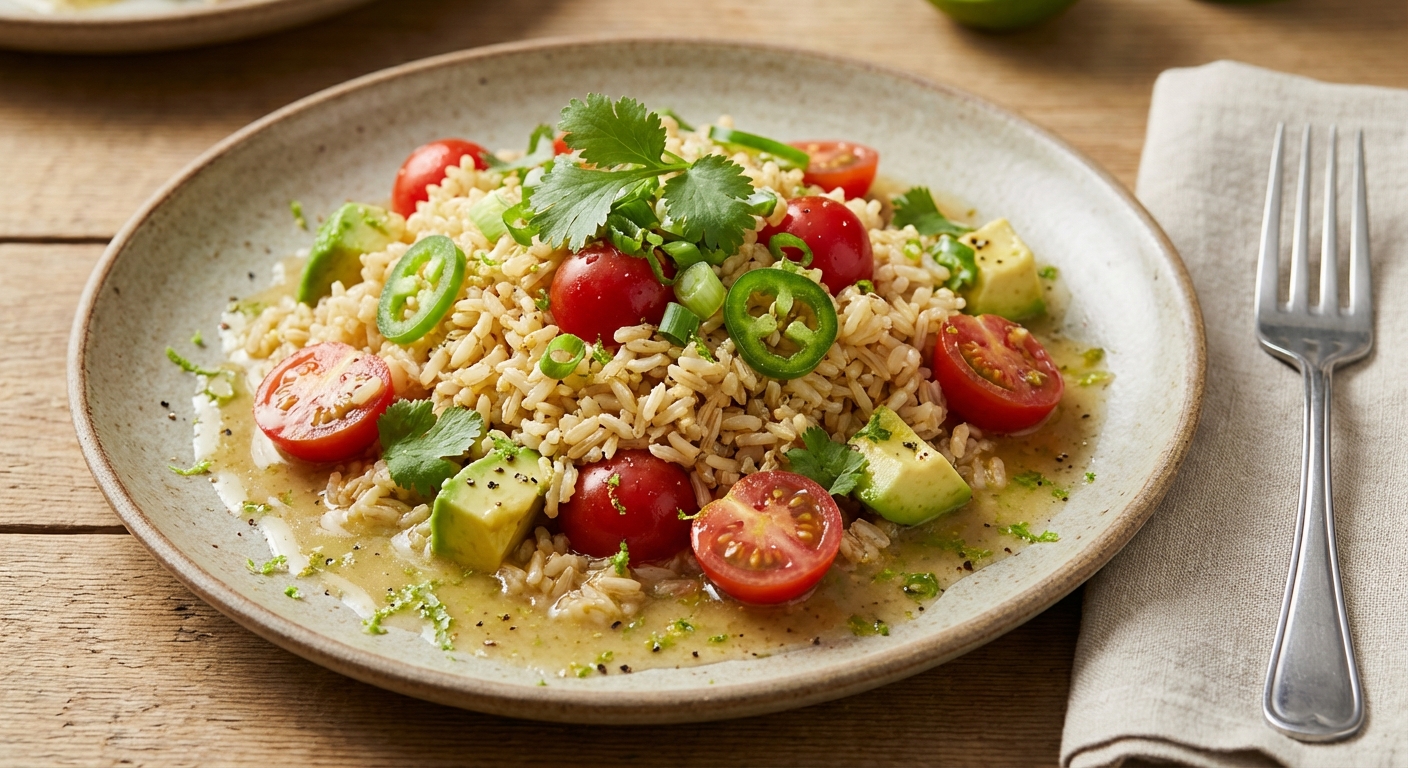 Brown Rice Salad with Jalapeño, Tomatoes, and Avocado