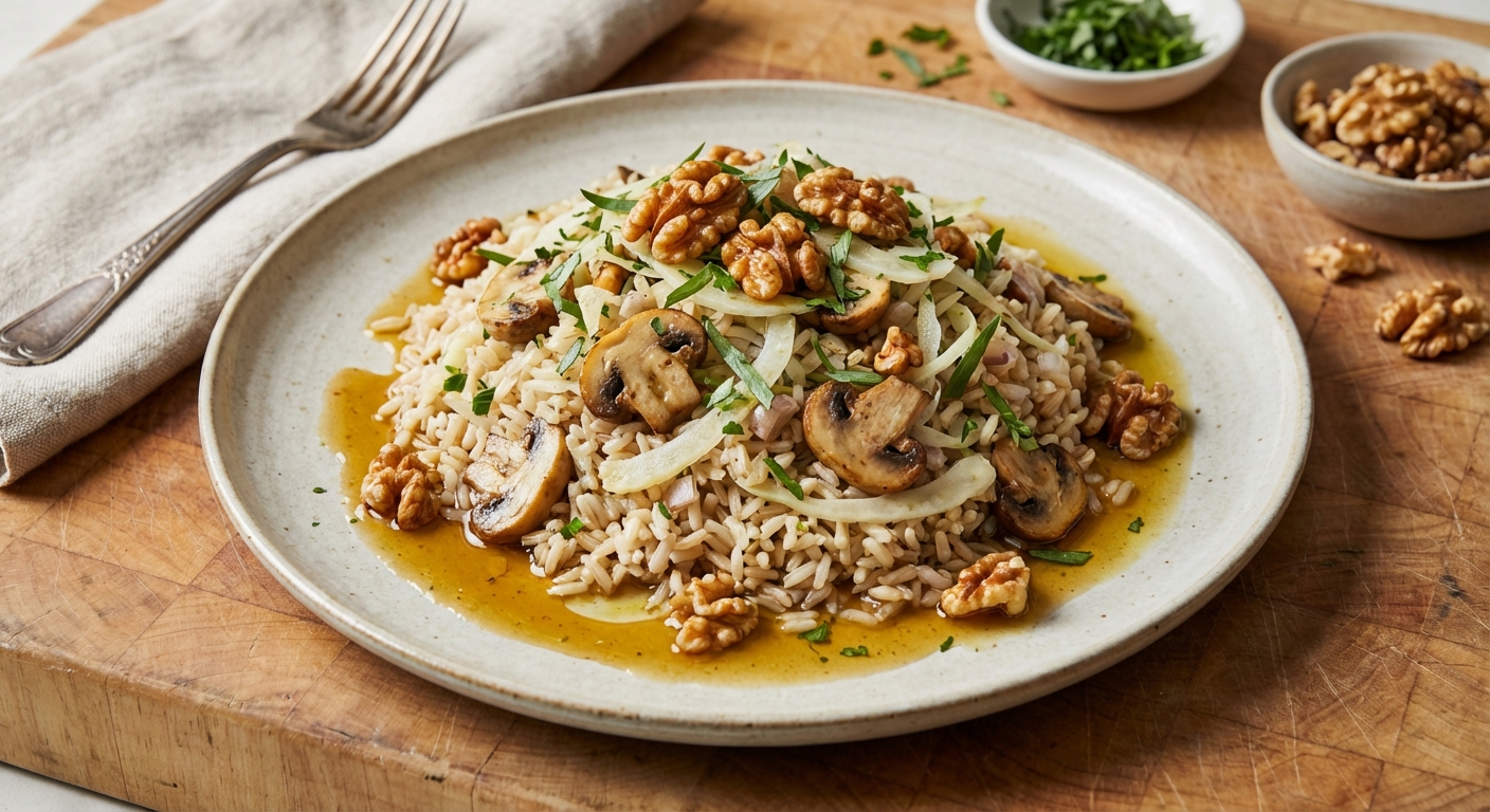 Brown Rice Salad with Fennel, Mushrooms, and Walnuts