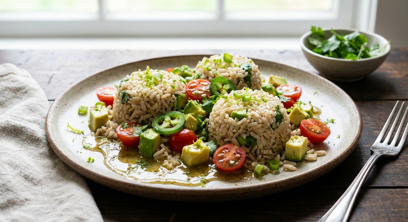 Brown Rice Salad with Jalapeño, Tomatoes, and Avocado