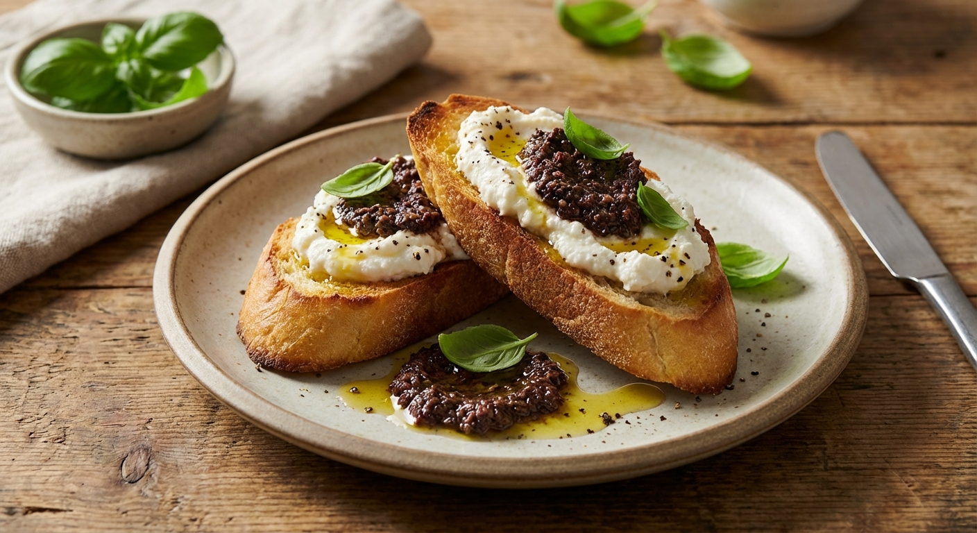 Bruschetta with Black Olive Pesto, Ricotta, and Basil
