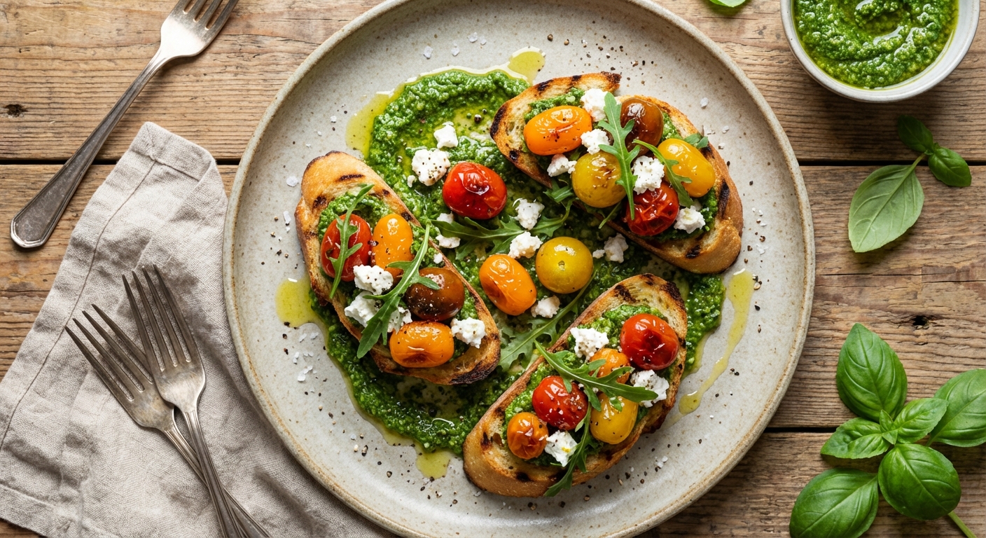 Bruschetta with Grape Tomatoes, Arugula Pesto, and Goat Cheese