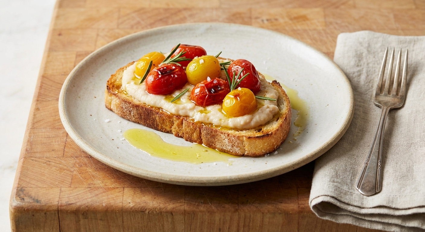 Bruschetta with Grape Tomatoes, White Bean Puree, and Rosemary