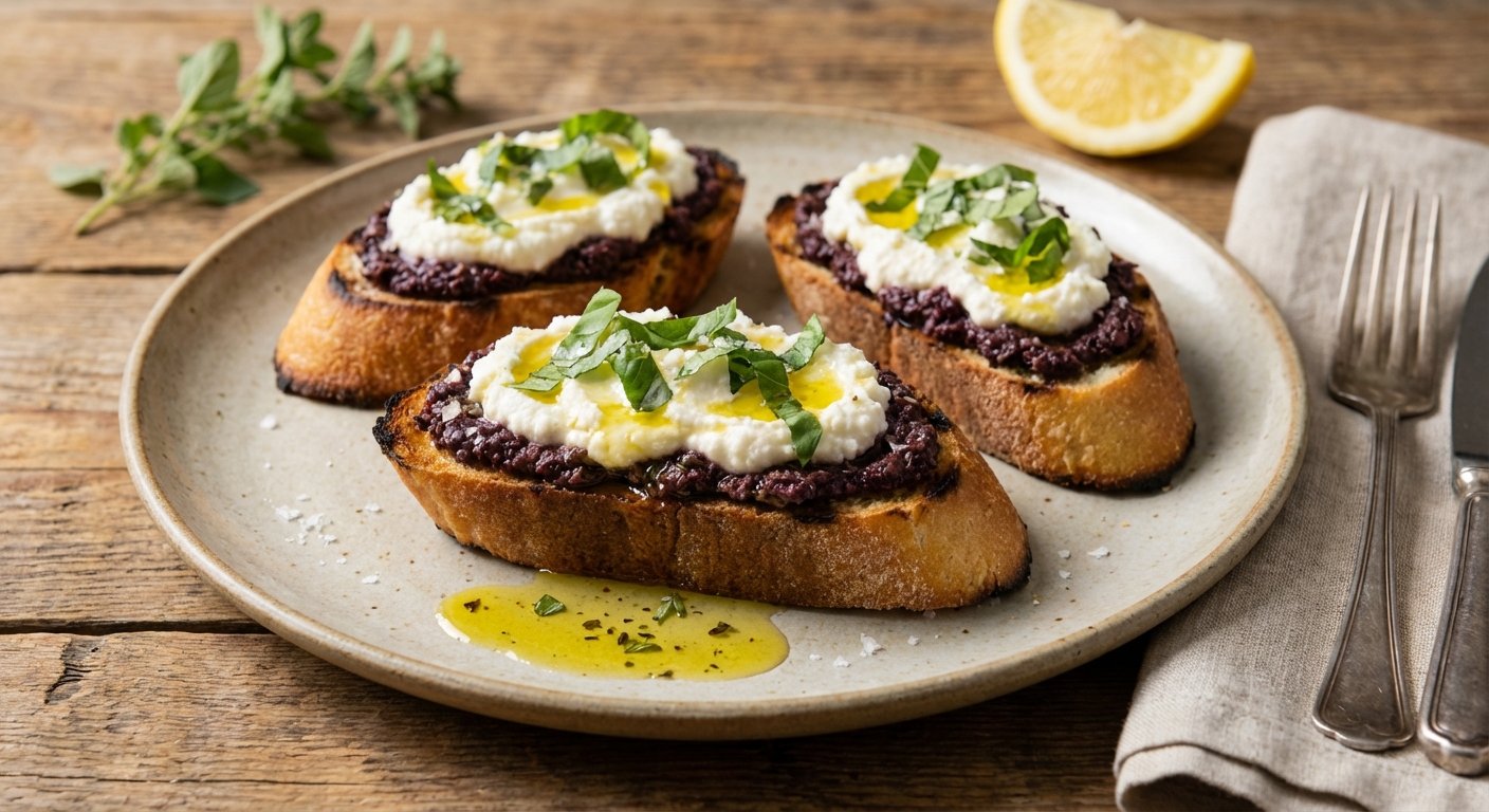 Bruschetta with Black Olive Pesto, Ricotta, and Basil