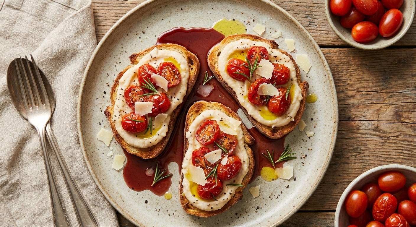 Bruschetta with Grape Tomatoes, White Bean Puree, and Rosemary