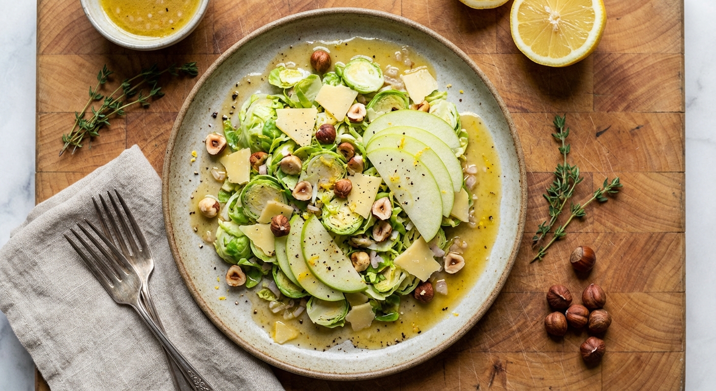 Brussels Sprout Salad with Cheddar, Hazelnuts, and Apple
