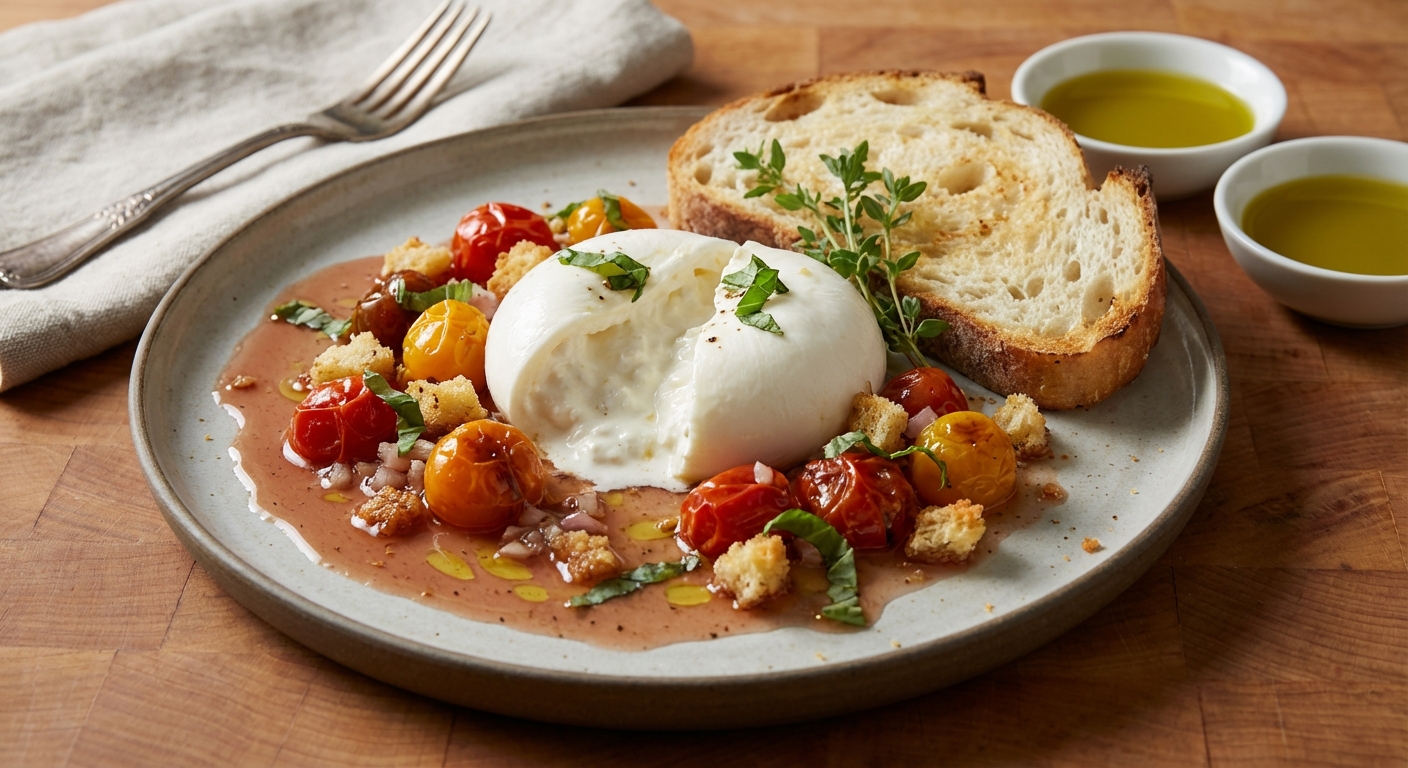 Burrata with Tomatoes and Garlic Bread Crumbs