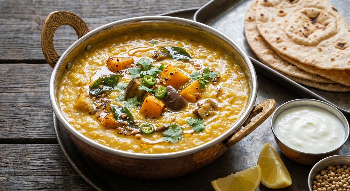 Butternut Squash, Eggplant, + Red Lentil Sambhar