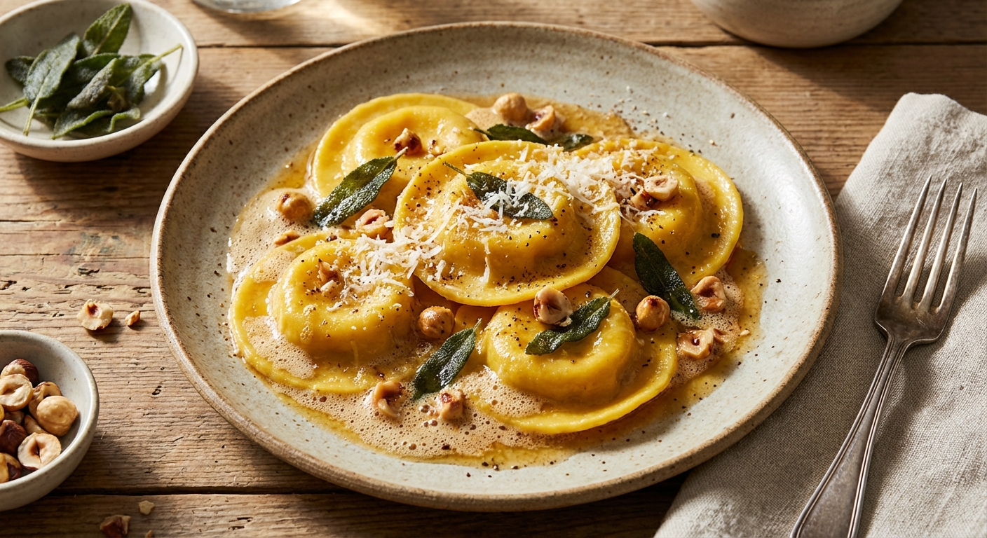 Butternut Squash Ravioli with Brown Butter, Hazelnuts, and Sage
