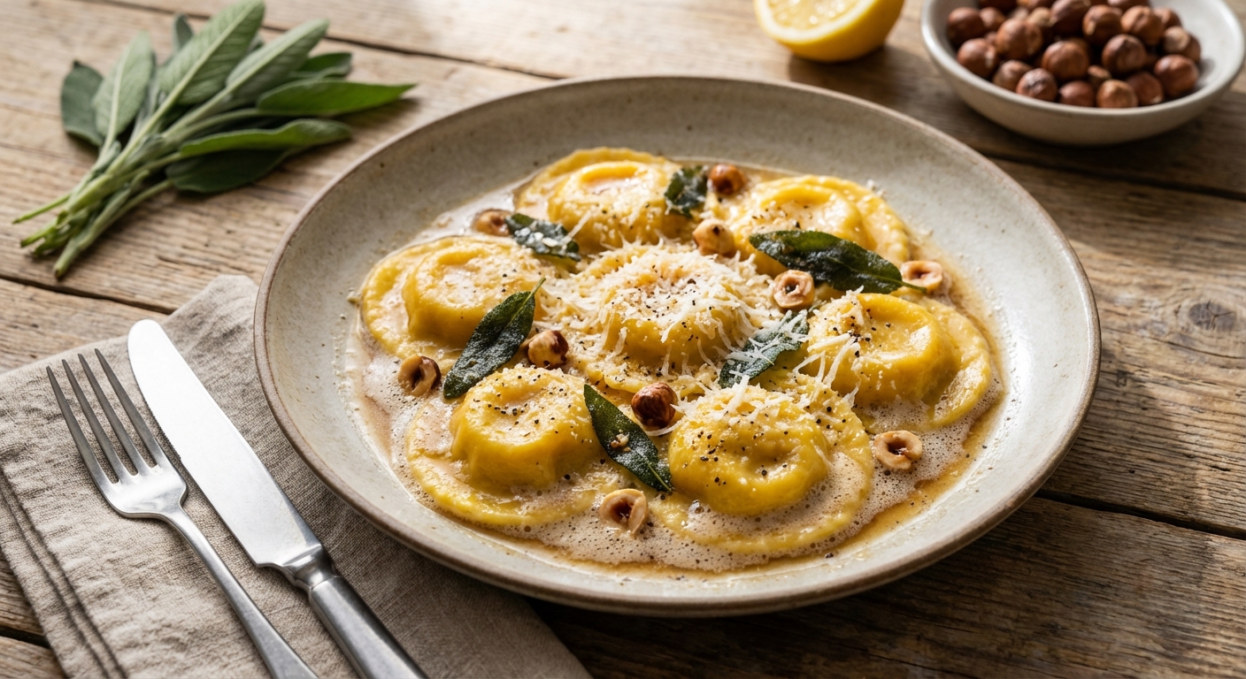 Butternut Squash Ravioli with Brown Butter and Hazelnuts