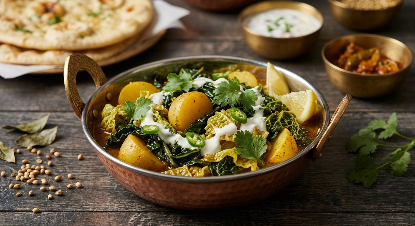 Savoy Cabbage, Black Kale, + Potato Subji