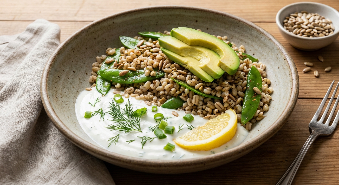 California Barley Bowl with Lemon-Yogurt Sauce