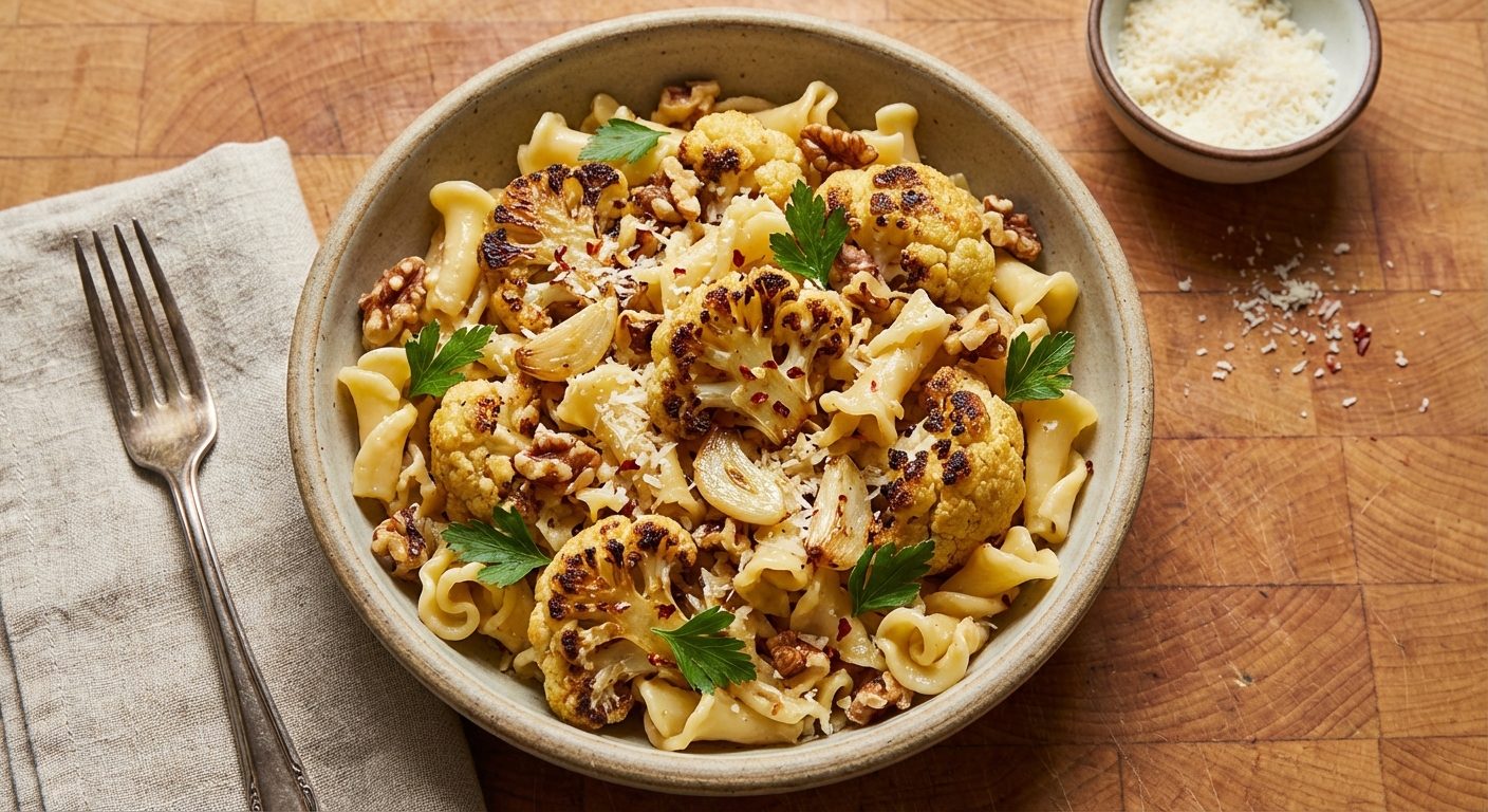 Campanelle with Roasted Cauliflower, Garlic, and Walnuts
