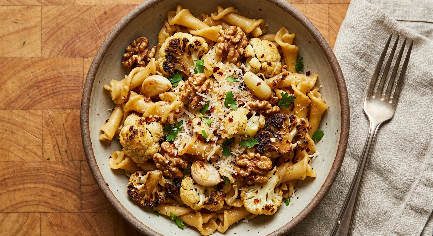 Campanelle with Roasted Cauliflower, Garlic, and Walnuts