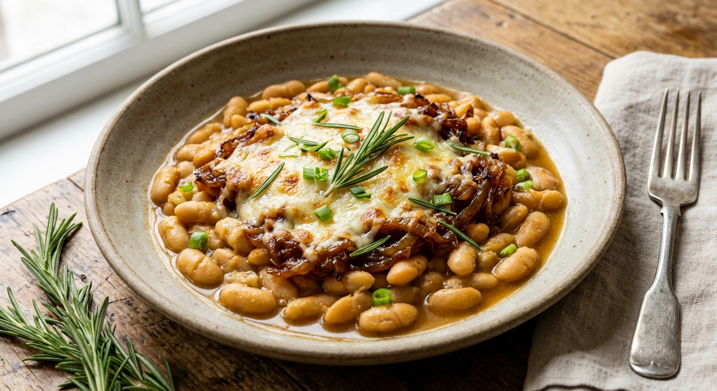 Caramelized Onion and Gruyère Baked Beans