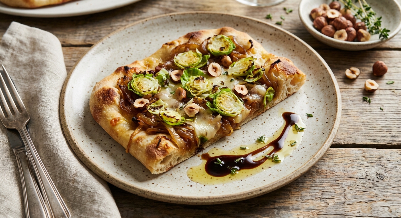 Caramelized Onion Flatbread with Shaved Brussels Sprouts, Fontina, and Hazelnuts