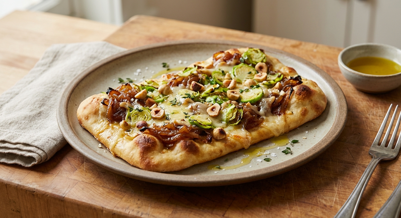 Caramelized Onion Flatbread with Shaved Brussels Sprouts, Fontina, and Hazelnuts