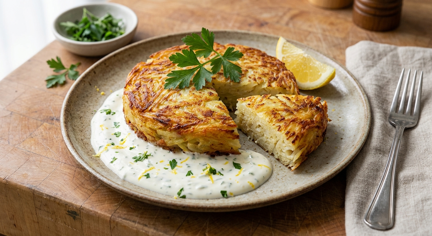 Celery Root and Potato Roesti with Lemon-Parsley Crème Fraîche