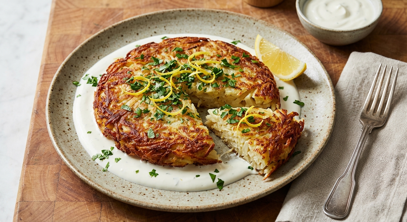Celery Root and Potato Roesti with Lemon-Parsley Crème Fraîche