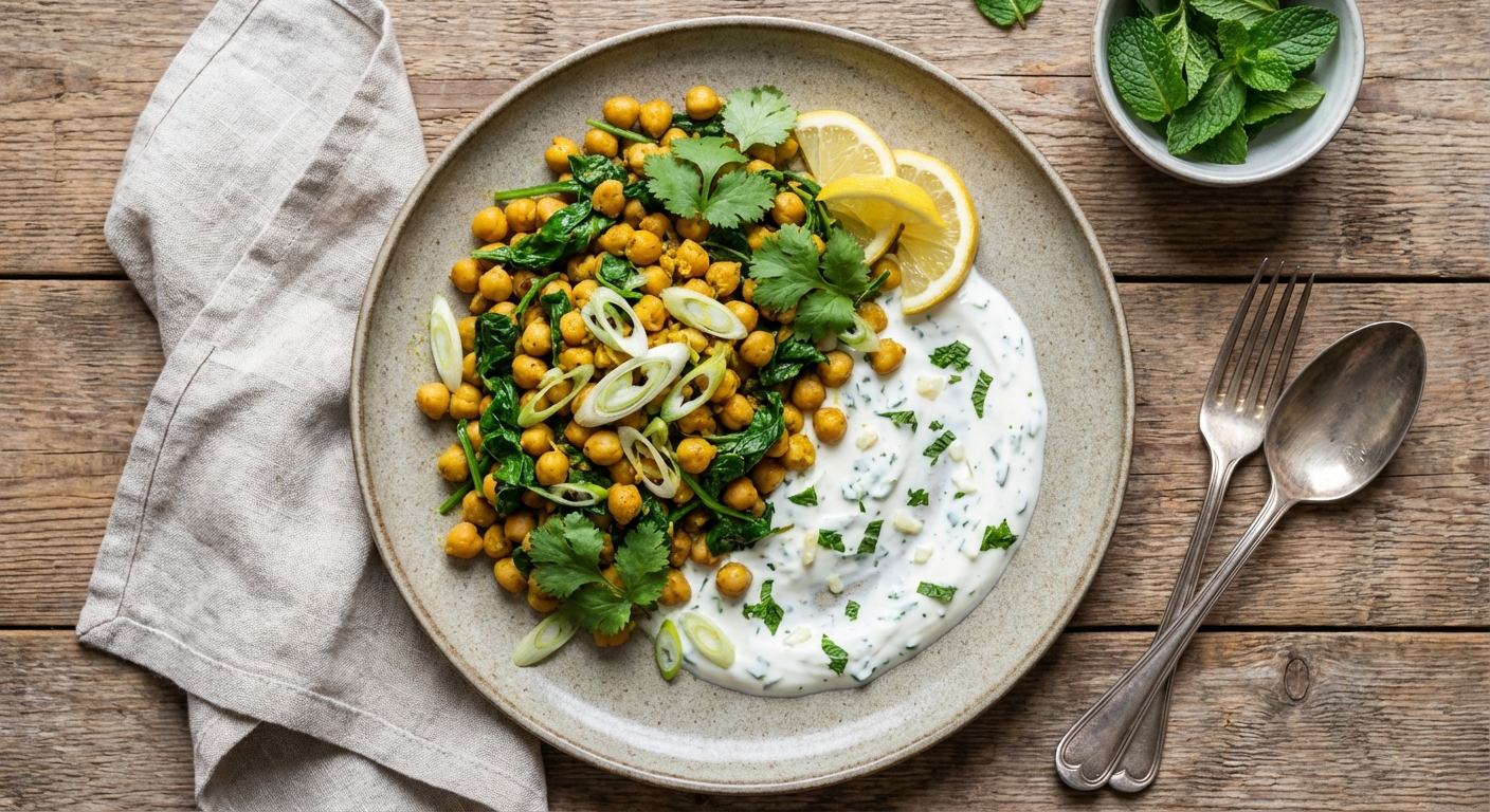 Chickpea and Spinach Stir-Fry with Minted Yogurt