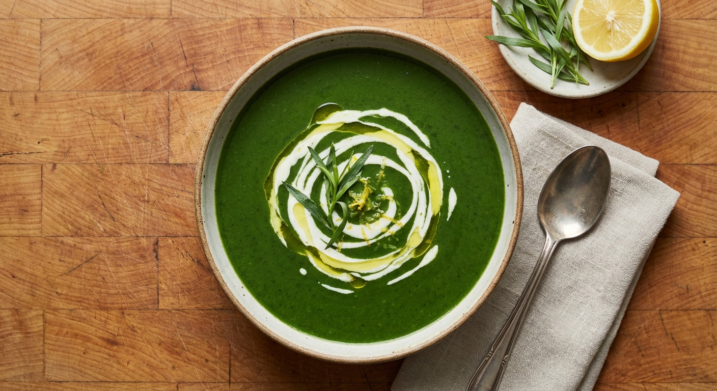 Creamy Greens Soup with Lemon-Tarragon Cream