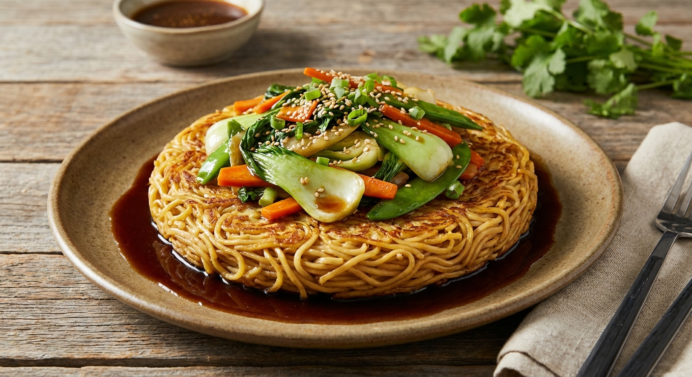 Crispy Pan-Fried Noodle Cake with Stir-Fried Vegetables