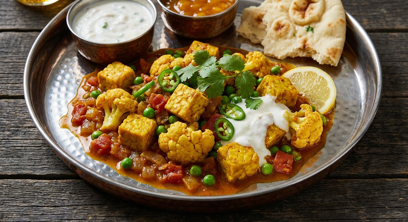 Curried Tempeh with Cauliflower and Peas