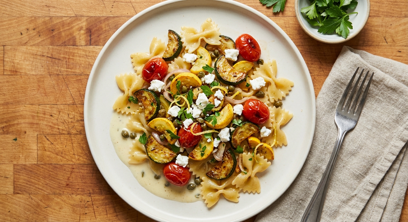Farfalle and Summer Squash with Lemon, Capers, and Goat Cheese