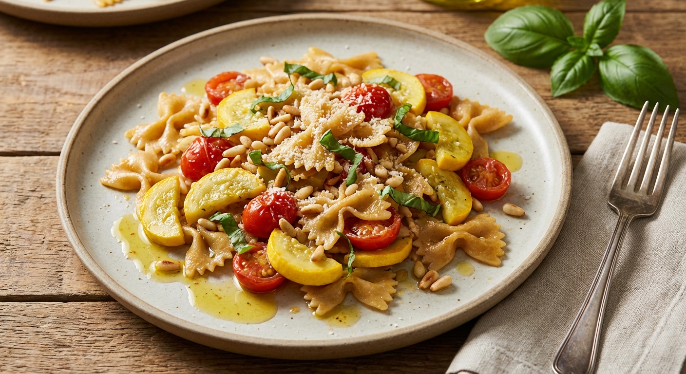 Farfalle and Summer Squash with Tomatoes, Basil, and Pine Nuts