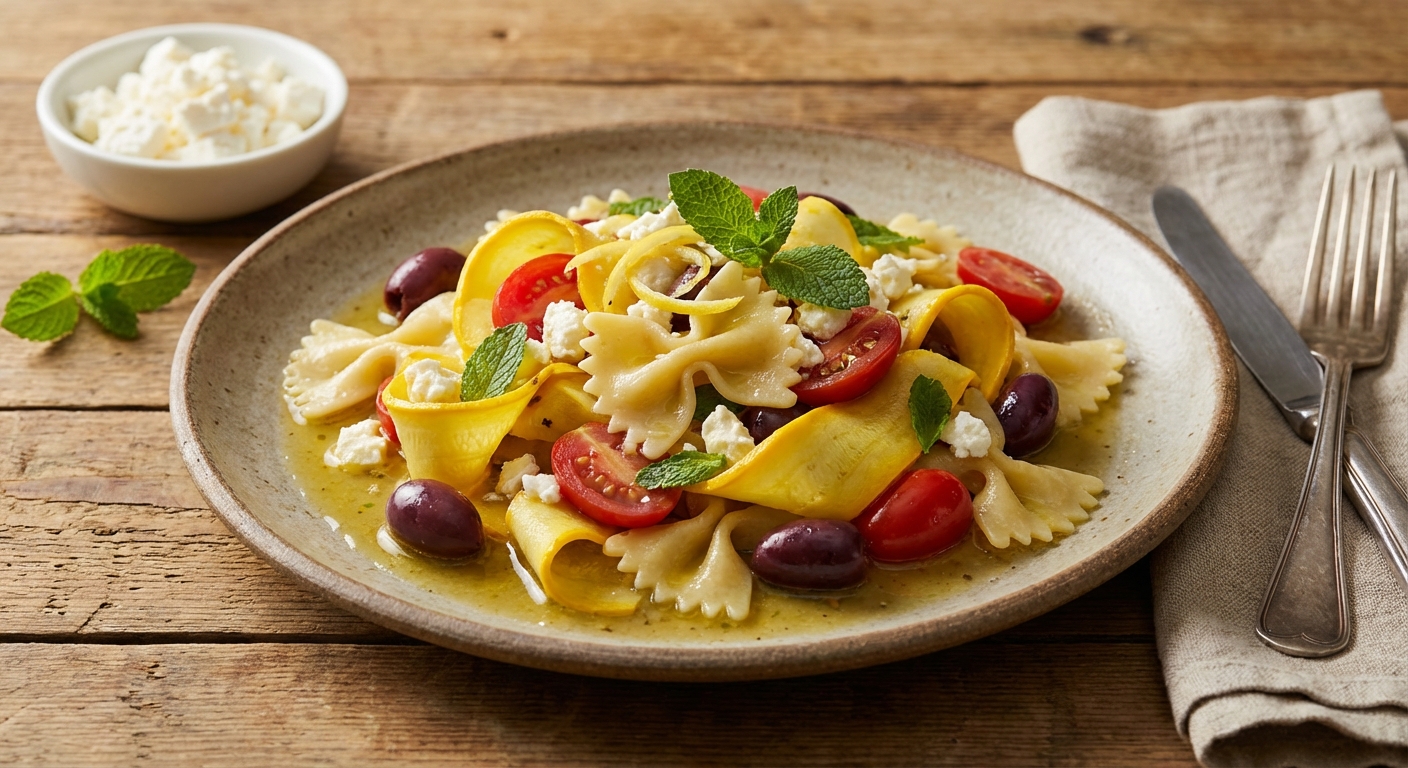 Farfalle and Summer Squash with Tomatoes, Olives, and Feta