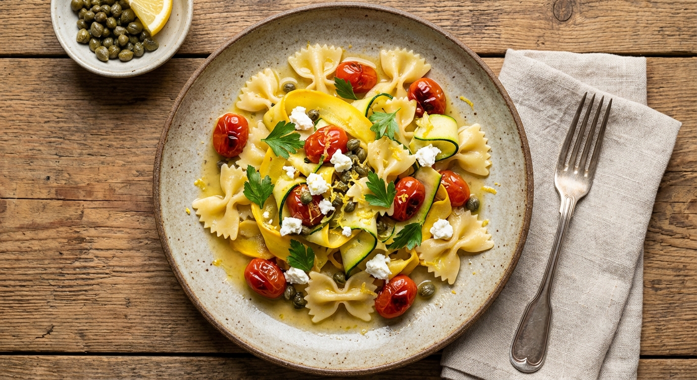 Farfalle and Summer Squash with Lemon, Capers, and Goat Cheese