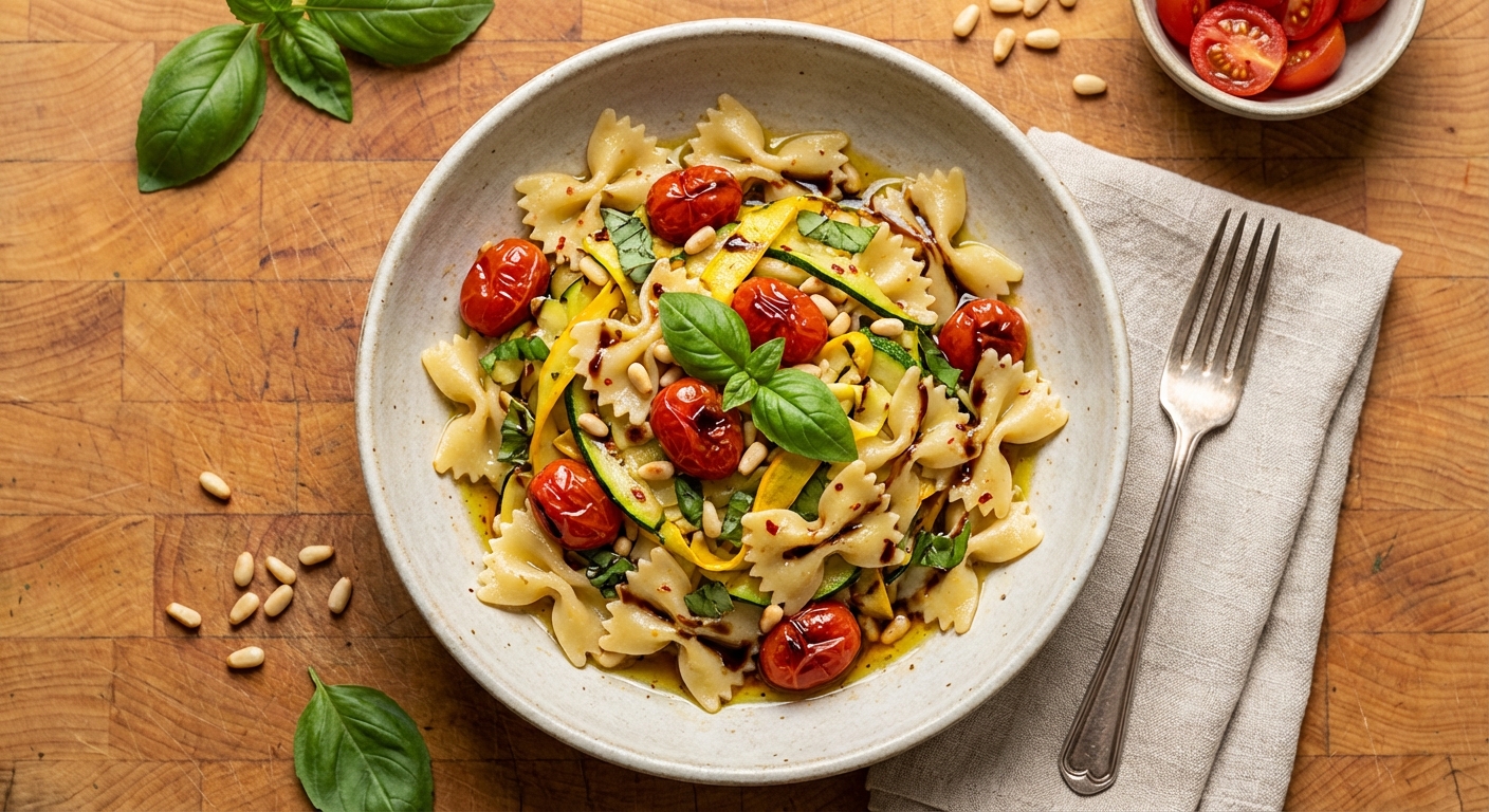Farfalle and Summer Squash with Tomatoes, Basil, and Pine Nuts