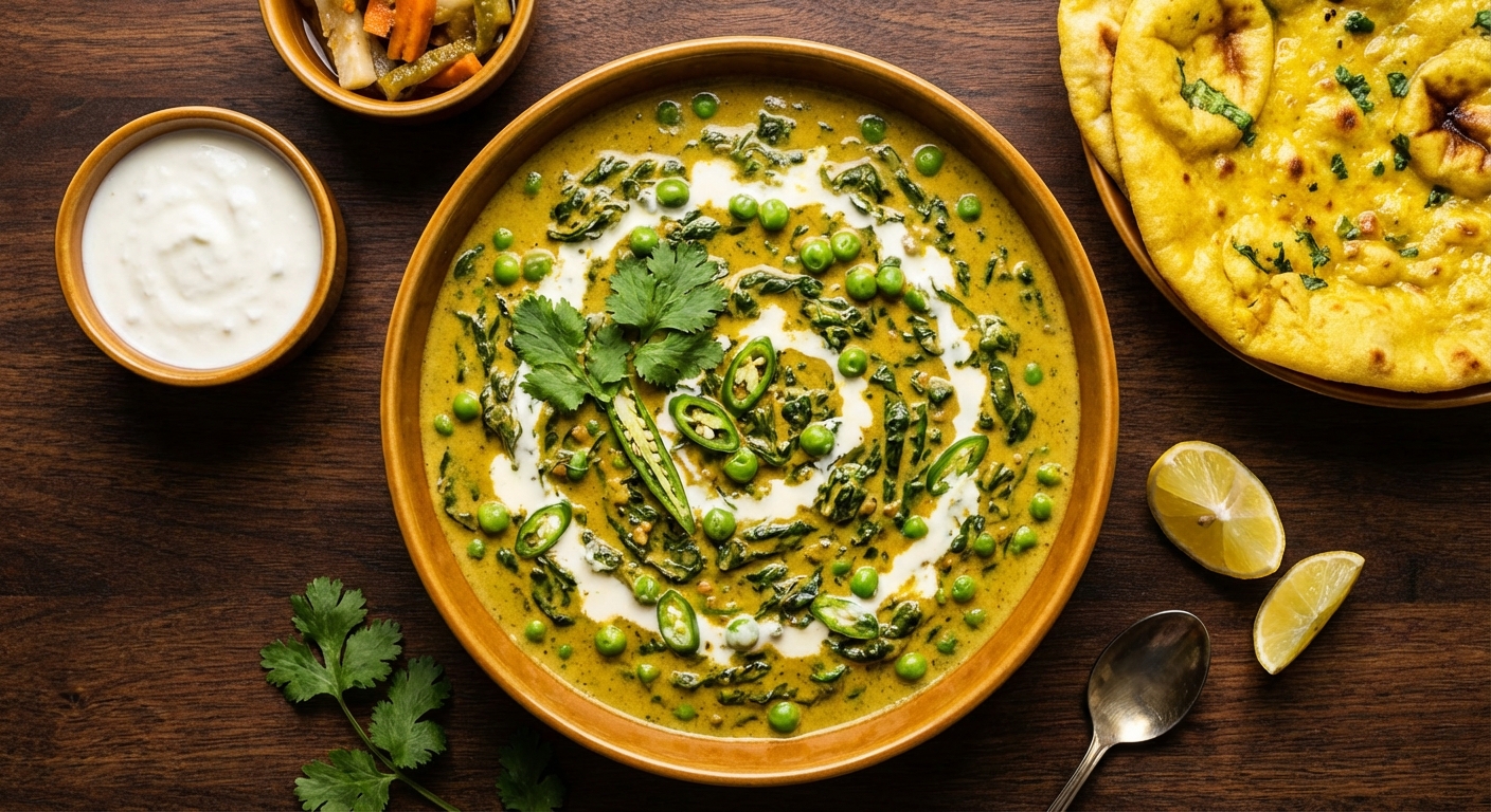 Fenugreek Leaves, Peas, + Cream