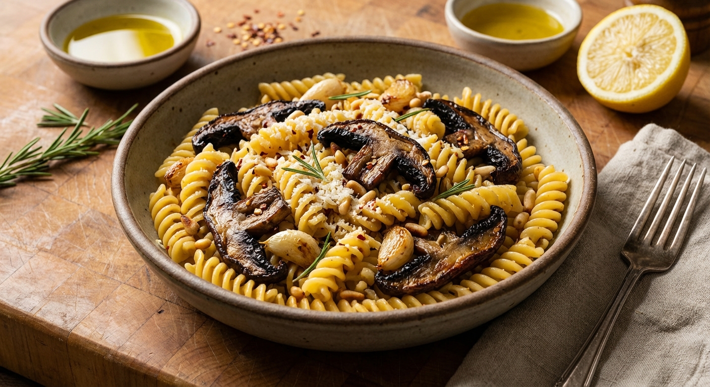 Fusilli with Roasted Portobellos, Garlic, and Pine Nuts
