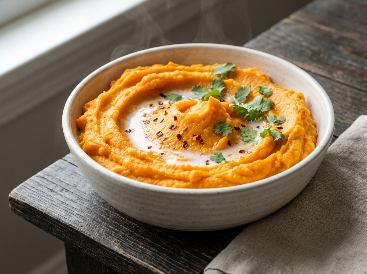 Garlic Mashed Sweet Potatoes with Coconut Milk and Cilantro
