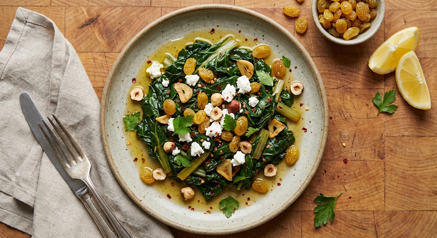 Garlicky Swiss Chard with Golden Raisins and Goat Cheese