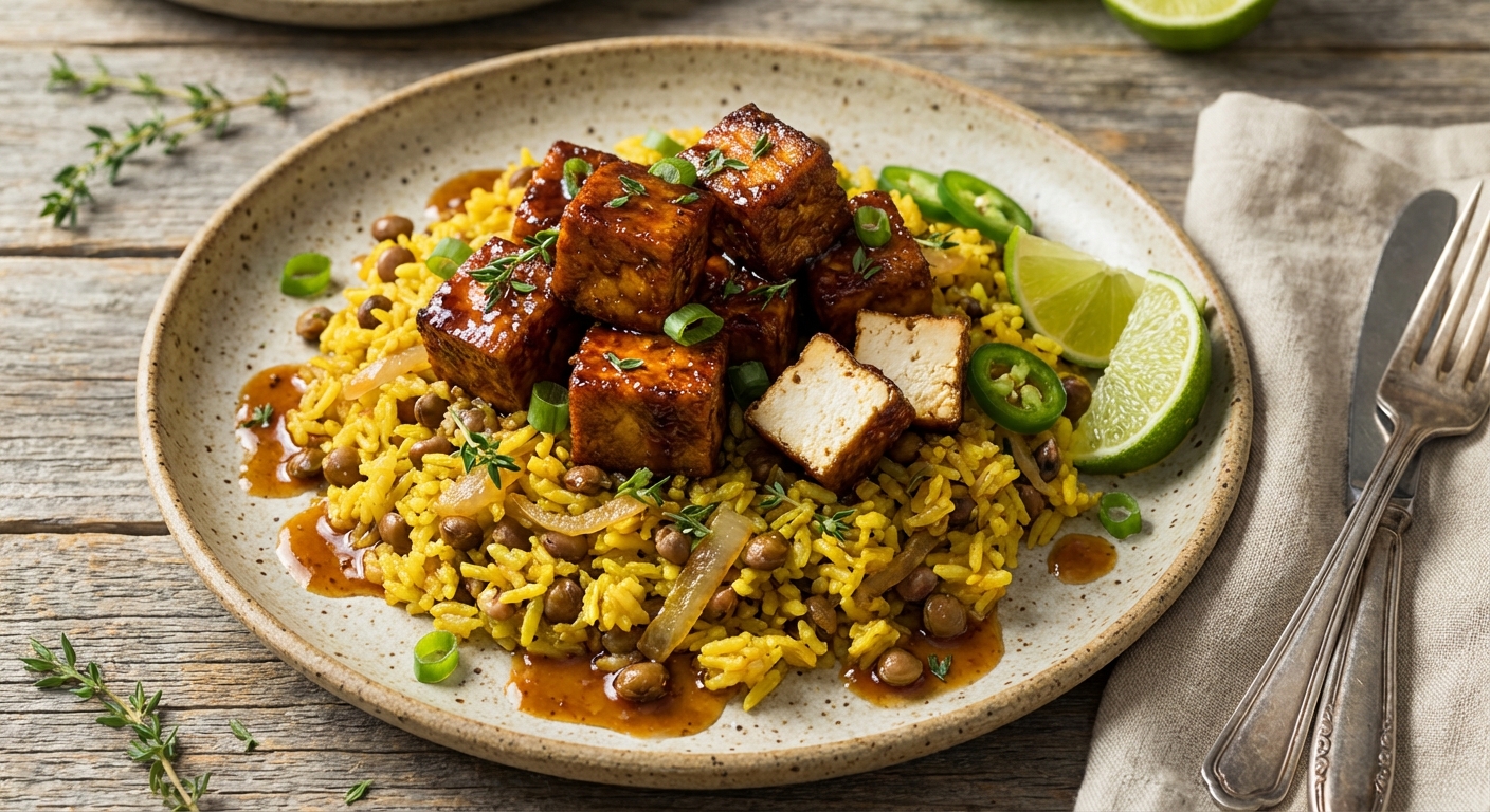 Glazed Caribbean Tofu with Rice and Pigeon Peas