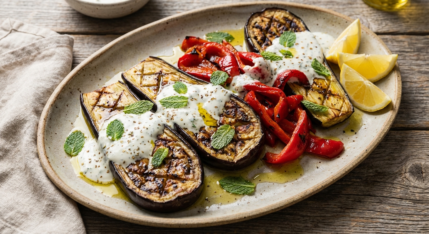 Grilled Eggplant and Bell Peppers with Mint-Cumin Dressing