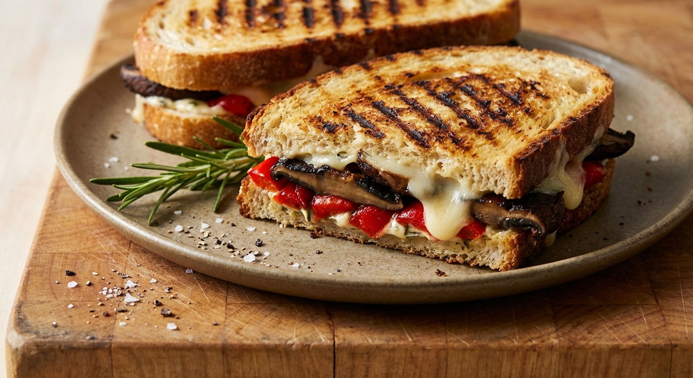 Grilled Portobello Panini with Fontina and Roasted Peppers