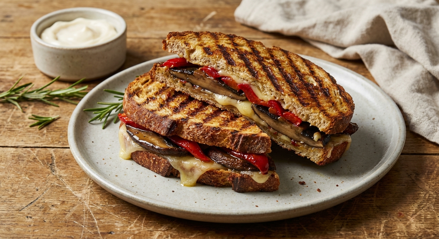 Grilled Portobello Panini with Fontina and Roasted Peppers