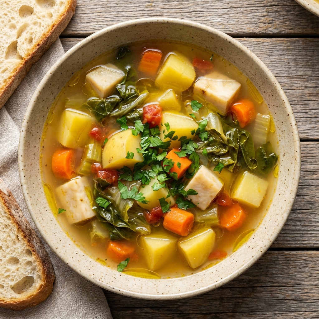 Hearty Vegetable Soup with Celery Root and Escarole