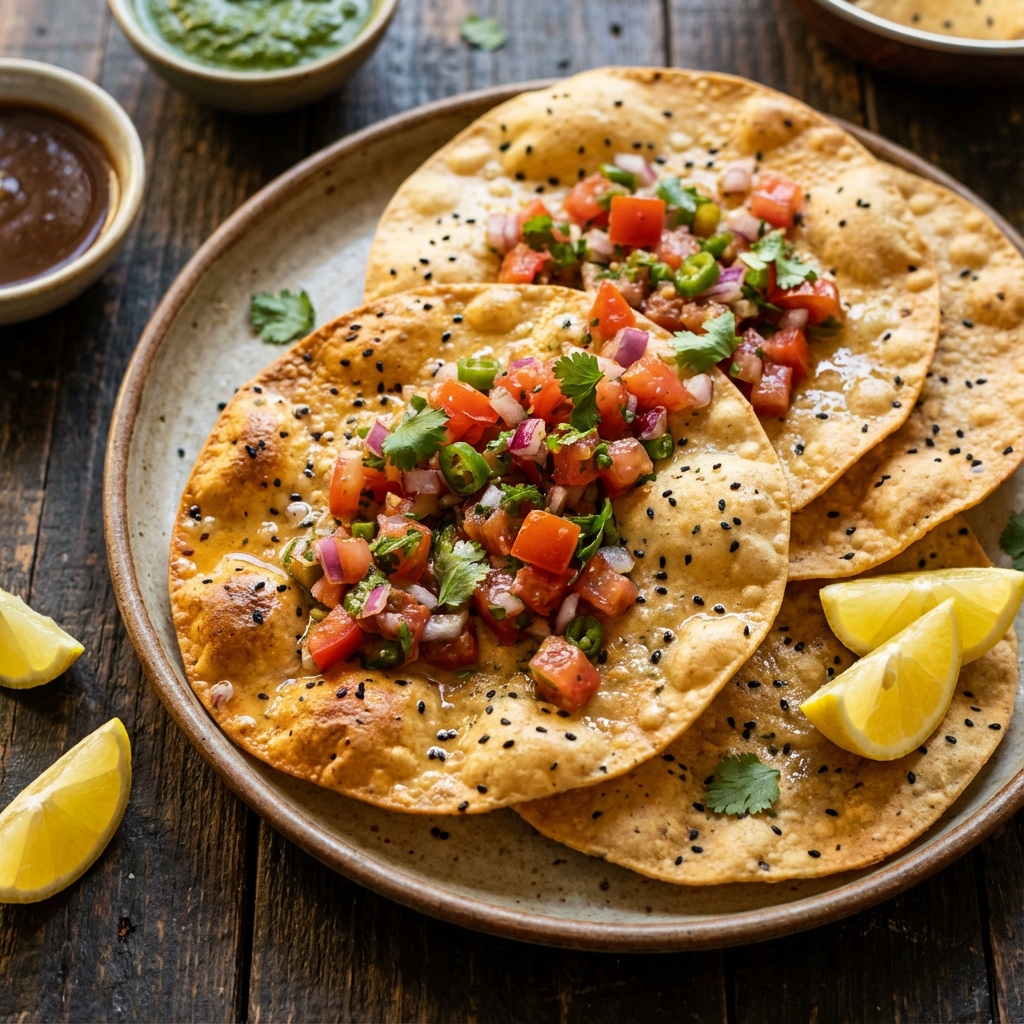 Homemade Papadums with Tomato Masala