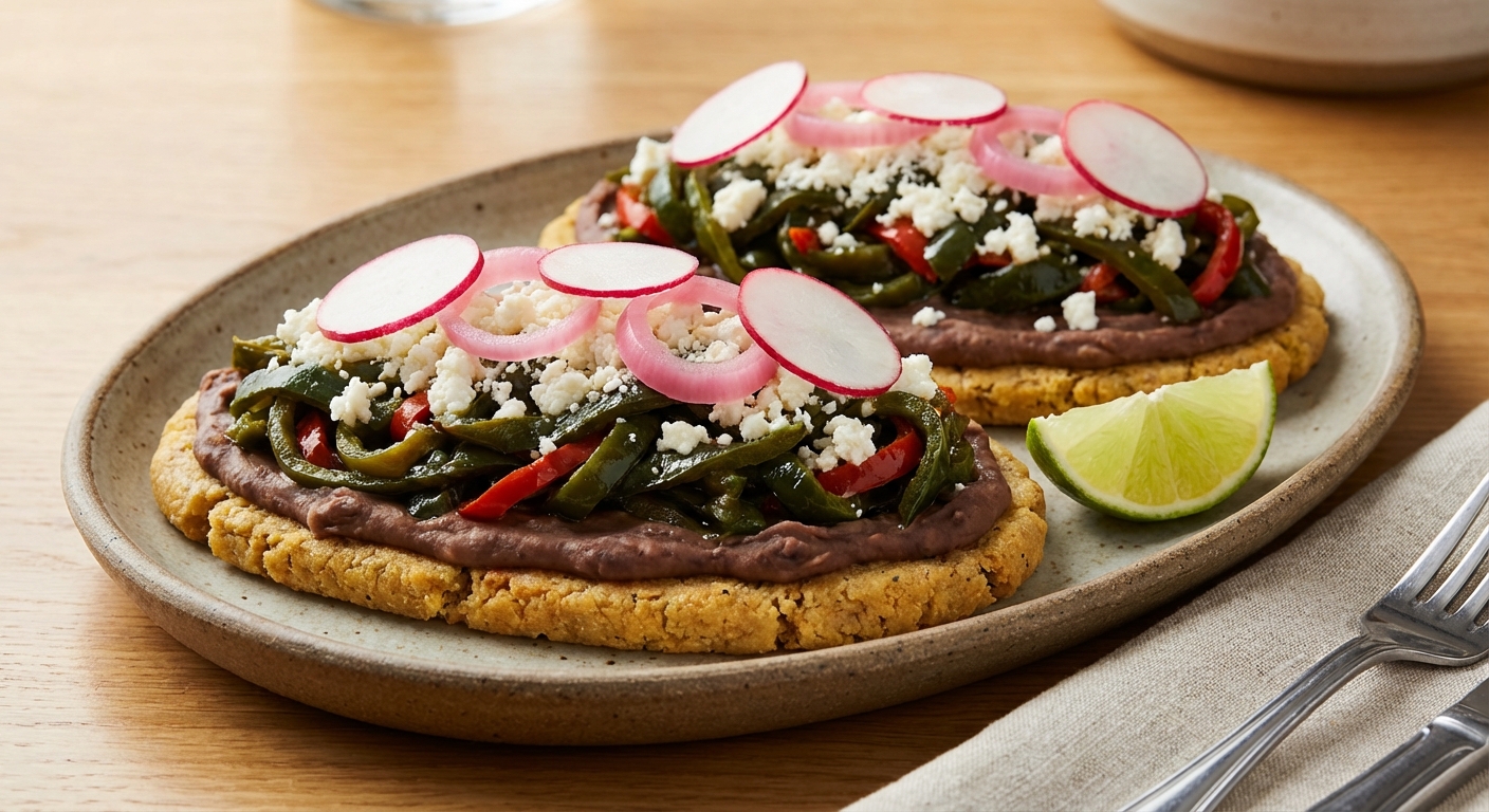 Huaraches with Poblanos and Refried Beans